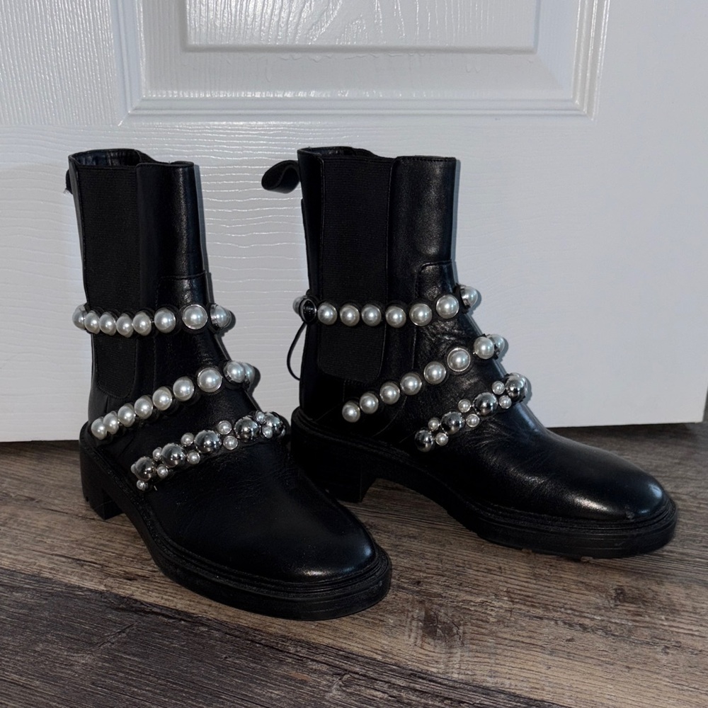 Zara Black Pearl Studded Combat Boots